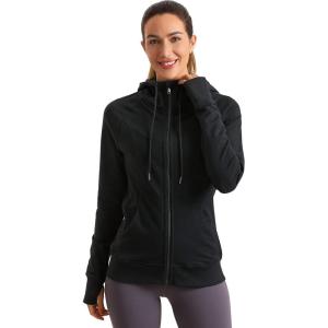 CRZ YOGA Women’s Full Zip Hooded Sweatshirts Workout Sweat Jackets Slim Fit Running Track Hoodies with Thumbholes(Black)