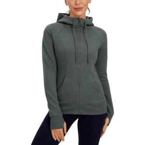 CRZ YOGA Women’s Full Zip Hooded Sweatshirts Workout Sweat Jackets Slim Fit Running Track Hoodies with Thumbholes(Grey Sage)