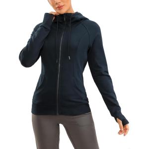 CRZ YOGA Women’s Full Zip Hooded Sweatshirts Workout Sweat Jackets Slim Fit Running Track Hoodies with Thumbholes(True Navy)