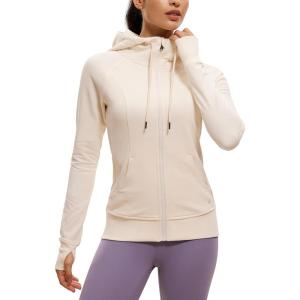 CRZ YOGA Women’s Full Zip Hooded Sweatshirts Workout Sweat Jackets Slim Fit Running Track Hoodies with Thumbholes(White Apricot)