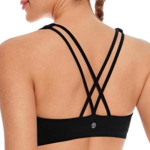 CRZ YOGA Women’s Light Support Strappy Sports Bra – Low Cut Wirefree Padded Yoga Cami Criss Cross Back(Black)
