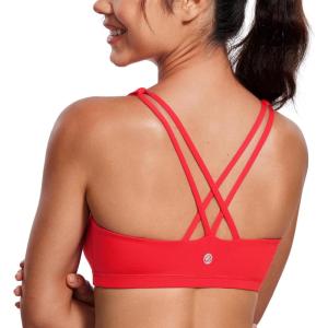 CRZ YOGA Women’s Light Support Strappy Sports Bra – Low Cut Wirefree Padded Yoga Cami Criss Cross Back(Deep Red)