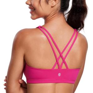 CRZ YOGA Women’s Light Support Strappy Sports Bra – Low Cut Wirefree Padded Yoga Cami Criss Cross Back(Granita Pink)