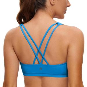 CRZ YOGA Women’s Light Support Strappy Sports Bra – Low Cut Wirefree Padded Yoga Cami Criss Cross Back(Madagascar Blue)