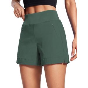 CRZ YOGA Women’s Lightweight Mid Rise Hiking Shorts 4” – Stretch for Athletic Summer Travel Outdoor Golf with Zip Pockets(Dark Forest Green)