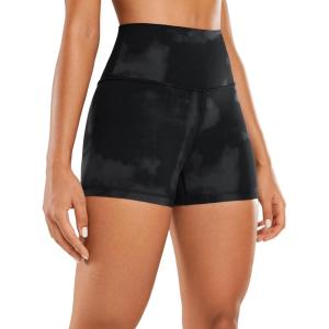 CRZ YOGA Women’s Naked Feeling Biker Shorts – 3 Inches High Waisted Yoga Workout Running Spandex(Black Tie Dye Flowers)