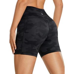 CRZ YOGA Women’s Naked Feeling Biker Shorts with Pockets 5” – High Waisted Yoga Gym Workout Spandex(Dark Grey Camouflage)