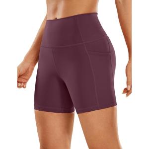 CRZ YOGA Women’s Naked Feeling Biker Shorts with Pockets 5” – High Waisted Yoga Gym Workout Spandex(Dark Russet)