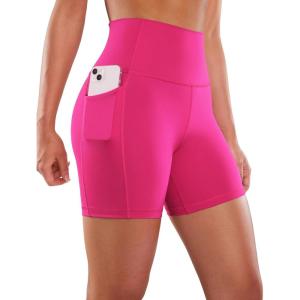 CRZ YOGA Women’s Naked Feeling Biker Shorts with Pockets 5” – High Waisted Yoga Gym Workout Spandex(Granita Pink)