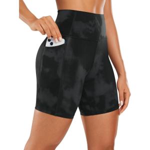 CRZ YOGA Women’s Naked Feeling Biker Shorts with Pockets 6” – High Waisted Yoga Gym Workout Spandex(Black Tie Dye Flowers)