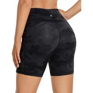 CRZ YOGA Women’s Naked Feeling Biker Shorts with Pockets 6” – High Waisted Yoga Gym Workout Spandex(Dark Grey Camouflage)