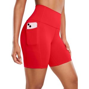 CRZ YOGA Women’s Naked Feeling Biker Shorts with Pockets 6” – High Waisted Yoga Gym Workout Spandex(Deep Red)