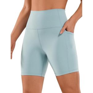 CRZ YOGA Women’s Naked Feeling Biker Shorts with Pockets 6” – High Waisted Yoga Gym Workout Spandex(Light Grayish Blue)