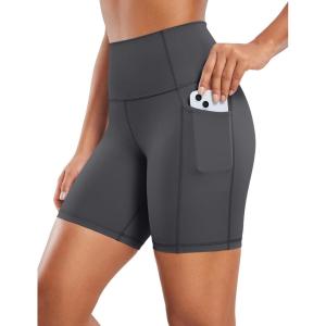 CRZ YOGA Women’s Naked Feeling Biker Shorts with Pockets 6” – High Waisted Yoga Gym Workout Spandex(Mysterious Grey)