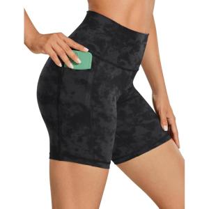 CRZ YOGA Women’s Naked Feeling Biker Shorts with Pockets 6” – High Waisted Yoga Gym Workout Spandex(Tie Dye Smoke Ink)