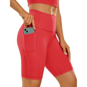 CRZ YOGA Women’s Naked Feeling Biker Shorts with Pockets 8” – High Waisted Yoga Gym Workout Spandex(Crimson)