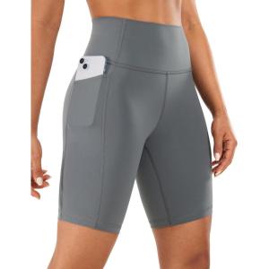 CRZ YOGA Women’s Naked Feeling Biker Shorts with Pockets 8” – High Waisted Yoga Gym Workout Spandex(Dark Carbon)