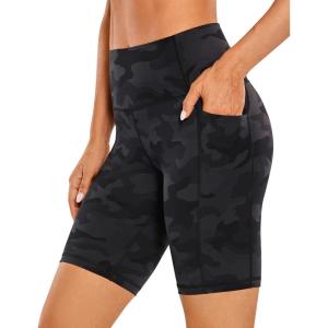 CRZ YOGA Women’s Naked Feeling Biker Shorts with Pockets 8” – High Waisted Yoga Gym Workout Spandex(Dark Grey Camouflage)