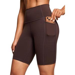 CRZ YOGA Women’s Naked Feeling Biker Shorts with Pockets 8” – High Waisted Yoga Gym Workout Spandex(Hot Fudge Brown)