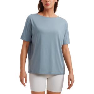 CRZ YOGA Women’s Pima Cotton Short Sleeve Shirts Boat Neck Loose Fit Gym Workout T-Shirt Athletic Casual Tops(Belgian Blue)
