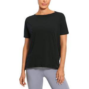 CRZ YOGA Women’s Pima Cotton Short Sleeve Shirts Boat Neck Loose Fit Gym Workout T-Shirt Athletic Casual Tops(Black)