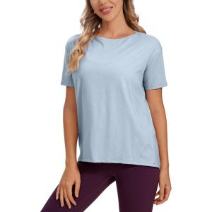 CRZ YOGA Women’s Pima Cotton Short Sleeve Shirts Boat Neck Loose Fit Gym Workout T-Shirt Athletic Casual Tops(Blue Linen)