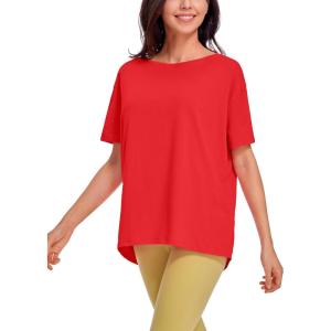 CRZ YOGA Women’s Pima Cotton Short Sleeve Shirts Boat Neck Loose Fit Gym Workout T-Shirt Athletic Casual Tops(Deep Red)