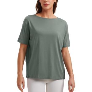 CRZ YOGA Women’s Pima Cotton Short Sleeve Shirts Boat Neck Loose Fit Gym Workout T-Shirt Athletic Casual Tops(Grey Sage)