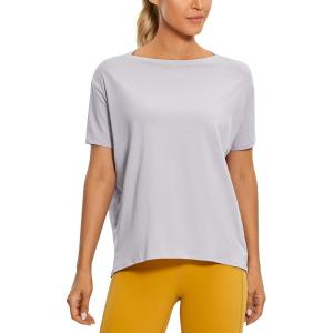 CRZ YOGA Women’s Pima Cotton Short Sleeve Shirts Boat Neck Loose Fit Gym Workout T-Shirt Athletic Casual Tops(Iced Iris)