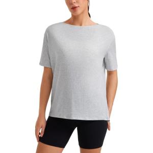 CRZ YOGA Women’s Pima Cotton Short Sleeve Shirts Boat Neck Loose Fit Gym Workout T-Shirt Athletic Casual Tops(Light Grey Heather)