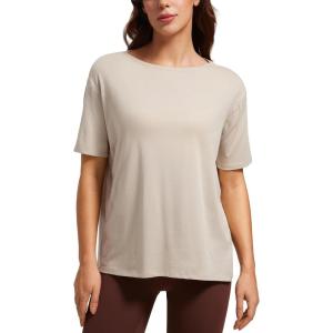 CRZ YOGA Women’s Pima Cotton Short Sleeve Shirts Boat Neck Loose Fit Gym Workout T-Shirt Athletic Casual Tops(Mojave Tan)