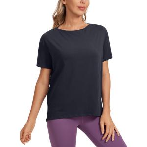 CRZ YOGA Women’s Pima Cotton Short Sleeve Shirts Boat Neck Loose Fit Gym Workout T-Shirt Athletic Casual Tops(Navy)
