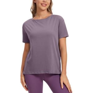 CRZ YOGA Women’s Pima Cotton Short Sleeve Shirts Boat Neck Loose Fit Gym Workout T-Shirt Athletic Casual Tops(Purple Gray)