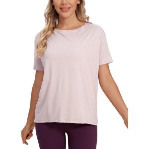 CRZ YOGA Women’s Pima Cotton Short Sleeve Shirts Boat Neck Loose Fit Gym Workout T-Shirt Athletic Casual Tops(Smoky Blush)