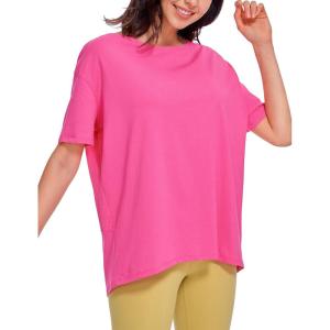 CRZ YOGA Women’s Pima Cotton Short Sleeve Shirts Boat Neck Loose Fit Gym Workout T-Shirt Athletic Casual Tops(Sonic Pink)
