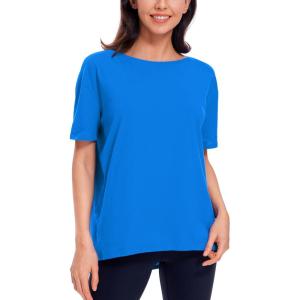 CRZ YOGA Women’s Pima Cotton Short Sleeve Shirts Boat Neck Loose Fit Gym Workout T-Shirt Athletic Casual Tops(Sparkle Blue)