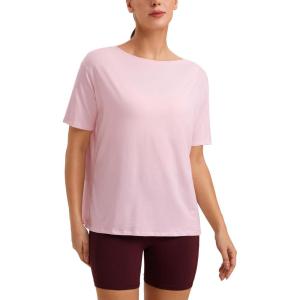 CRZ YOGA Women’s Pima Cotton Short Sleeve Shirts Boat Neck Loose Fit Gym Workout T-Shirt Athletic Casual Tops(Strawberry Pink)