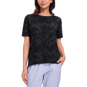 CRZ YOGA Women’s Pima Cotton Short Sleeve Shirts Boat Neck Loose Fit Gym Workout T-Shirt Athletic Casual Tops(Tie Dye Smoke Ink)
