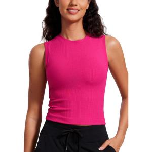 CRZ YOGA Womens Ribbed High Neck Tanks Sleeveless Fitted Basic Tops Going Out Casual Yoga Workout Shirts(Granita Pink)