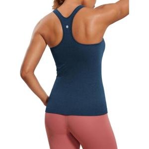 CRZ YOGA Womens Seamless Ribbed Racerback Tank Tops with Built in Bra – Padded Scoop Neck Slimming Athletic Long Camisole(French Navy)