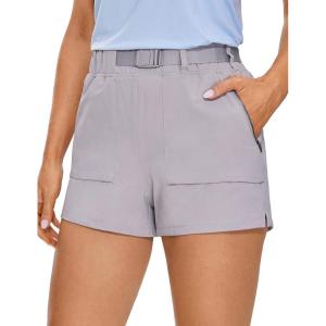 CRZ YOGA Women’s Waterproof Stretch Hiking Shorts Mid Rise Summer for Outdoor Golf Workout with Zip Pockets Belt – 3”(Gull Gray)