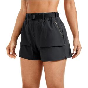 CRZ YOGA Women’s Waterproof Stretch Hiking Shorts Mid Rise Summer for Outdoor Golf Workout with Zip Pockets Belt – 3”(Ink Gray)