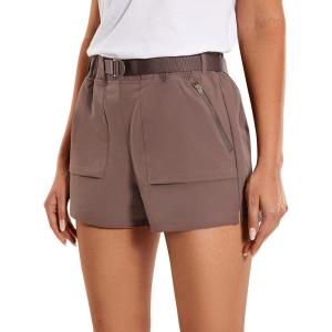 CRZ YOGA Women’s Waterproof Stretch Hiking Shorts Mid Rise Summer for Outdoor Golf Workout with Zip Pockets Belt – 3”(Purple Taupe)