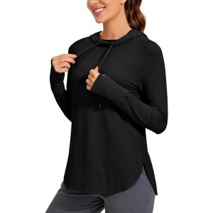 CRZ YOGA Workout Long Sleeve Shirt for Women Hoodie Pullover Athletic Hooded Sweatshirts Sports Gym Tops with Thumbhole(Black)