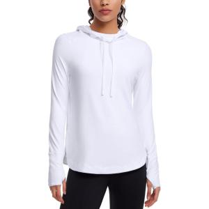 CRZ YOGA Workout Long Sleeve Shirt for Women Hoodie Pullover Athletic Hooded Sweatshirts Sports Gym Tops with Thumbhole(White)