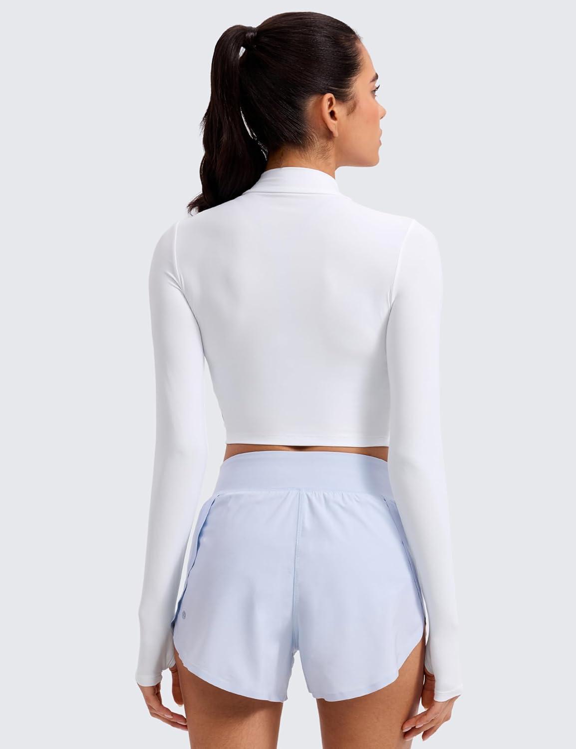 imageCRZ YOGA Cloudweight Crop Mock Neck Shirts for Women Workout Athletic Gym Long Sleeve Tops Soft TShirt with Thumb HoleWhite