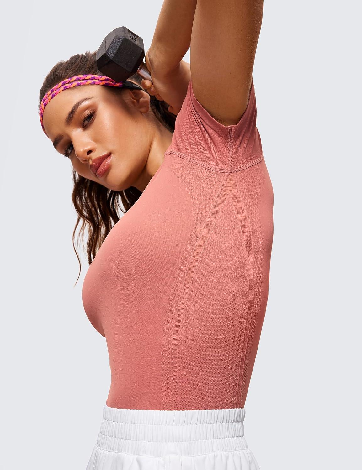 imageCRZ YOGA Seamless Workout Tops for Women Hip Length Athletic Running Gym Yoga Short Sleeve Shirts Breathable Crewneck TeesBriar Rose