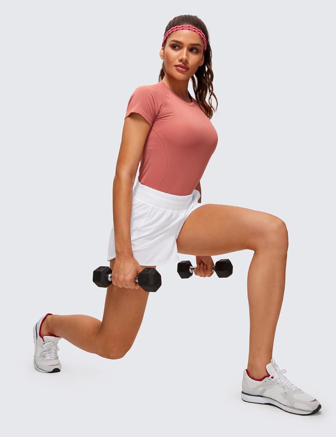 imageCRZ YOGA Seamless Workout Tops for Women Hip Length Athletic Running Gym Yoga Short Sleeve Shirts Breathable Crewneck TeesBriar Rose