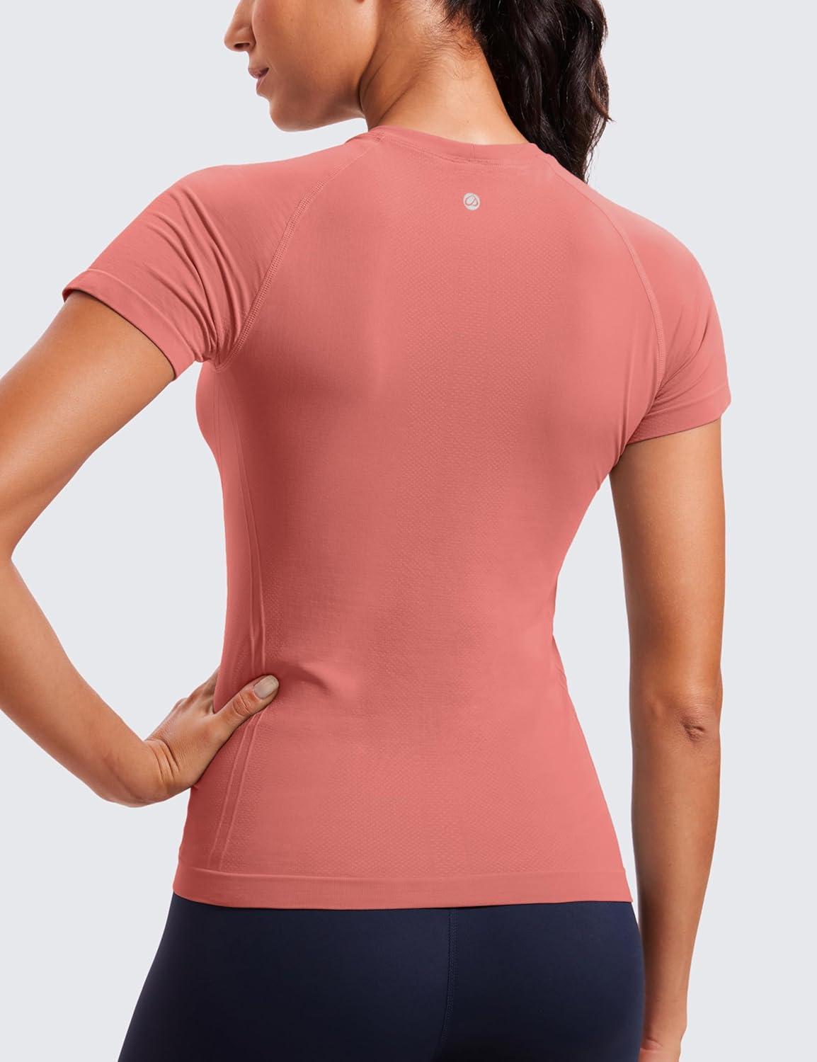 imageCRZ YOGA Seamless Workout Tops for Women Hip Length Athletic Running Gym Yoga Short Sleeve Shirts Breathable Crewneck TeesBriar Rose