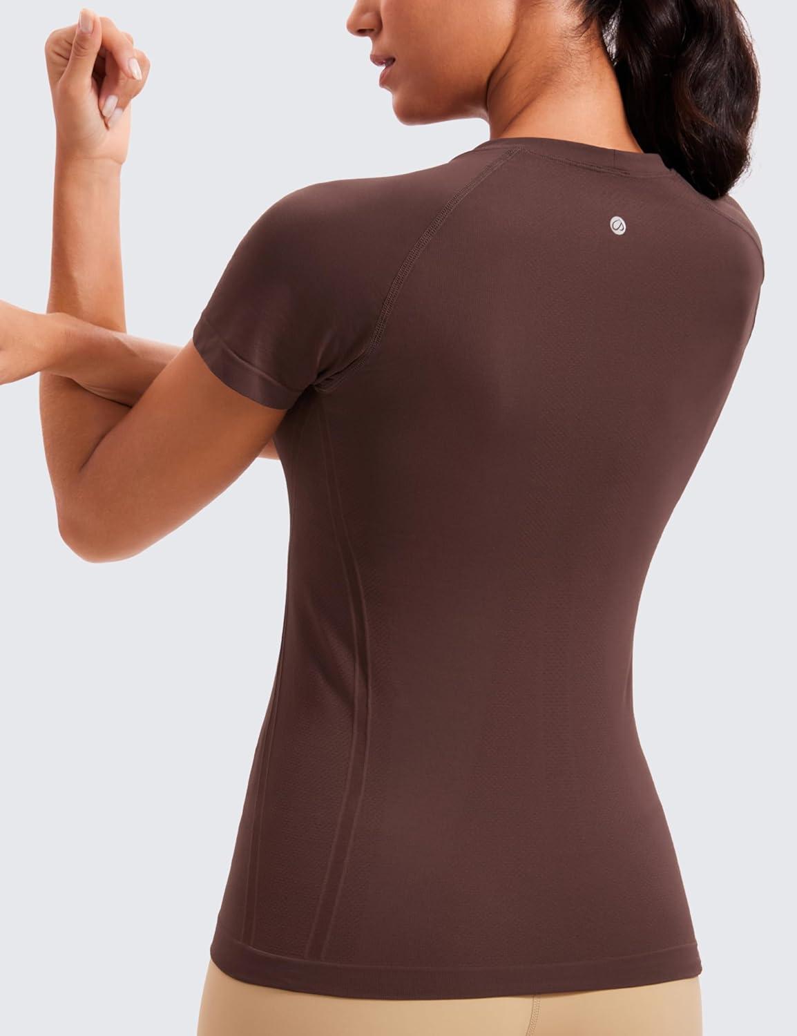 imageCRZ YOGA Seamless Workout Tops for Women Hip Length Athletic Running Gym Yoga Short Sleeve Shirts Breathable Crewneck TeesTaupe